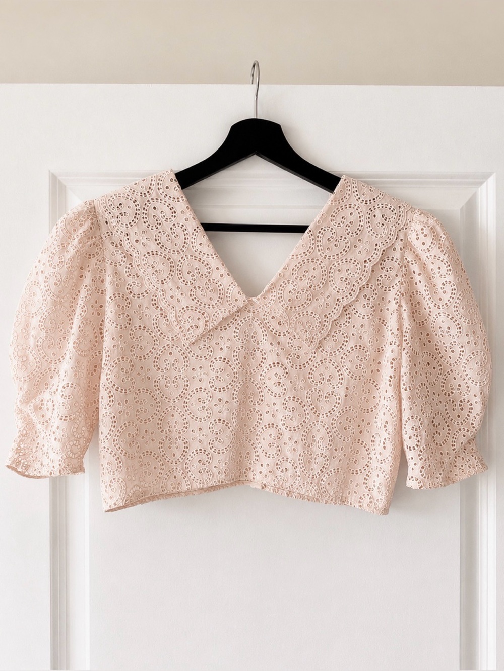 Sandro Cream Blush Eyelet Cropped Top & Mini Skirt Set Scalloped Small - Picture 12 of 15